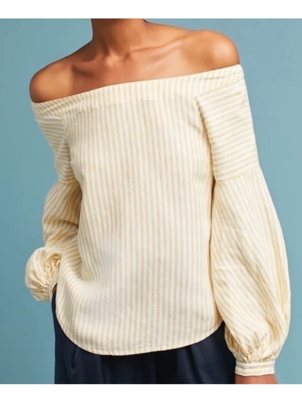 Anthropologie Maeve Yellow and Ivory Striped Off-Shoulder Top 4 Rayon Linen